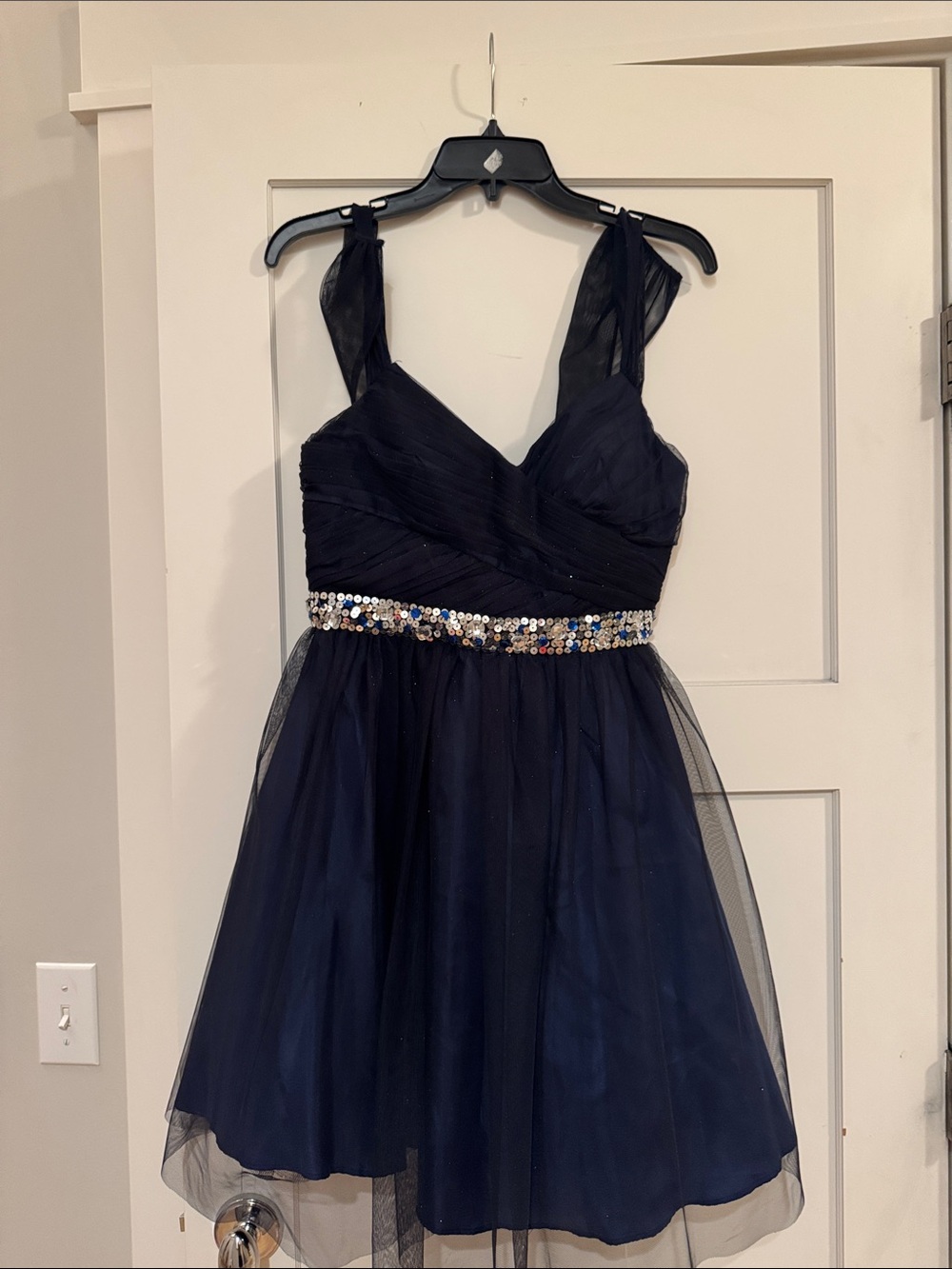 Hailey Logan Navy Blue A-Line Mini Dress with Sequin Waist